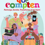 Cartel de la campaña «Jóvens que compten», con el lema «Participa, decidix. Transforma el teu barri», jóvenes ilustrados y los logos del Ajuntament de València y la Unió de Consumidors de València
