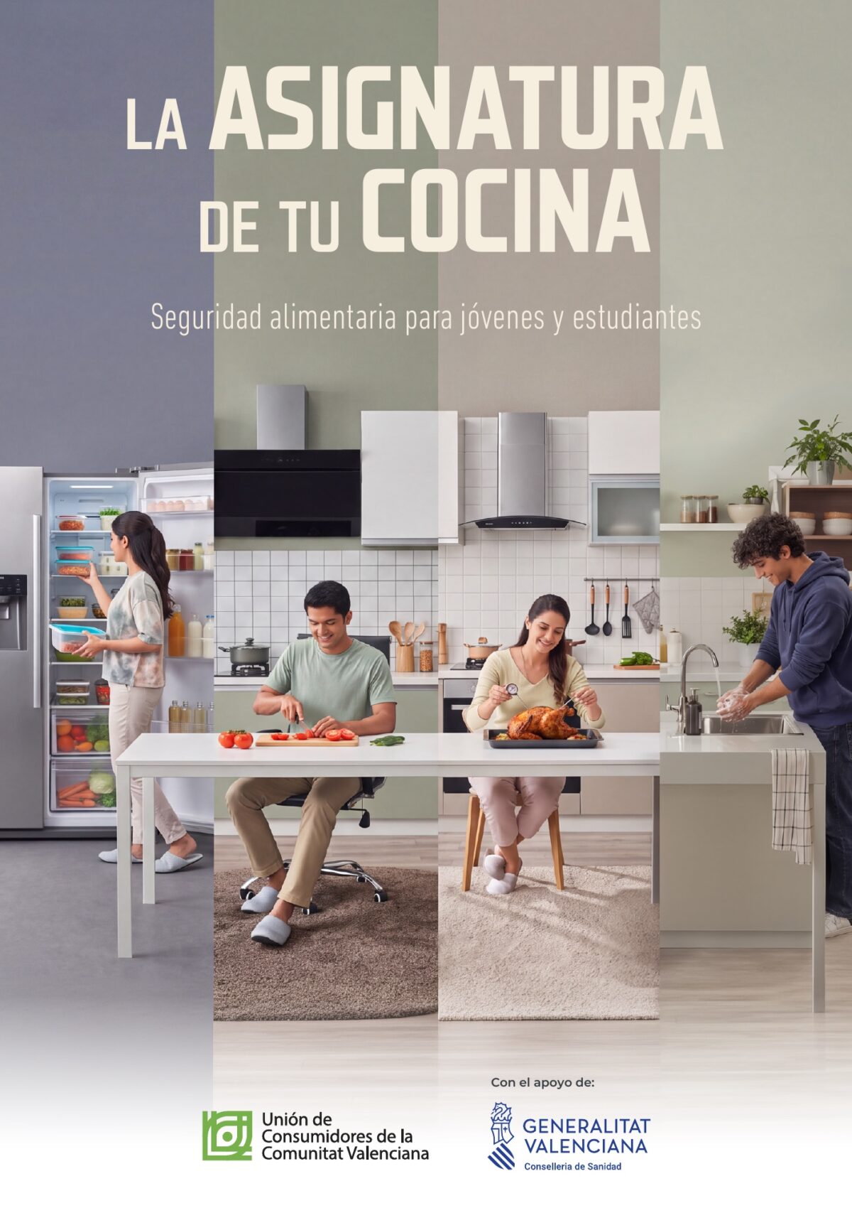 Portada del díptico «La asignatura de tu cocina: Seguridad alimentaria para jóvenes y estudiantes»