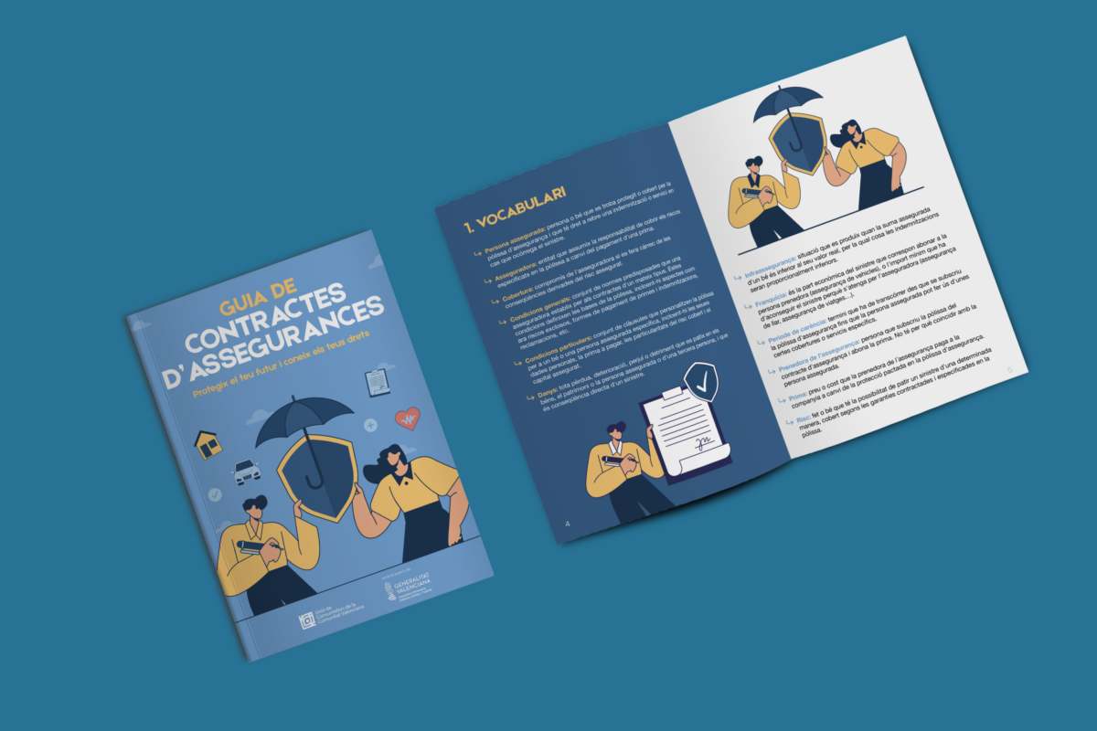 Portada y páginas interiores de la «Guia de contractes d'assegurances» de la Unió de Consumidors de la Comunitat Valenciana