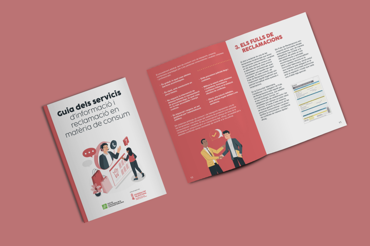 Portada y páginas interiores de la «Guia dels servicis d'informació i reclamació en matèria de consum»