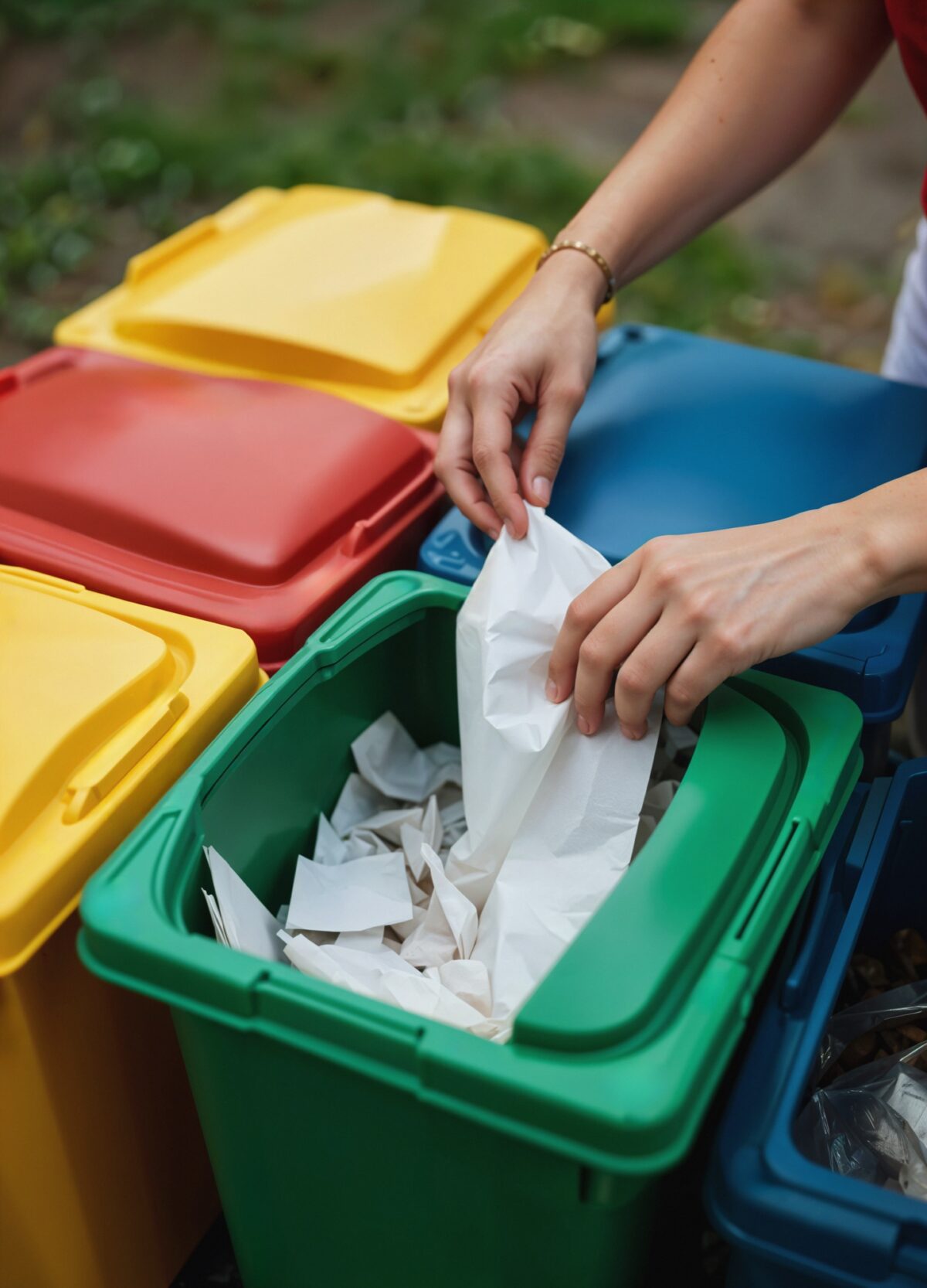 Persona depositando papel en contenedores de reciclaje de colores
