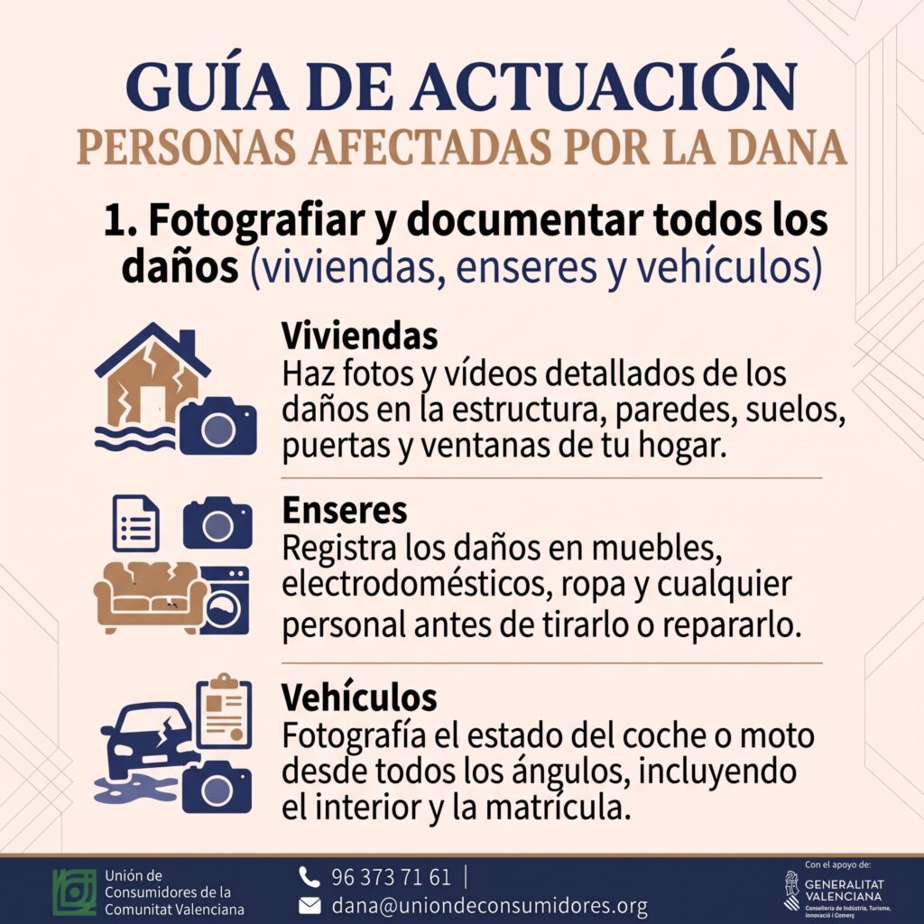 Guía de actuación para personas afectadas por la DANA, paso 1: Fotografiar y documentar todos los daños (viviendas, enseres y vehículos)