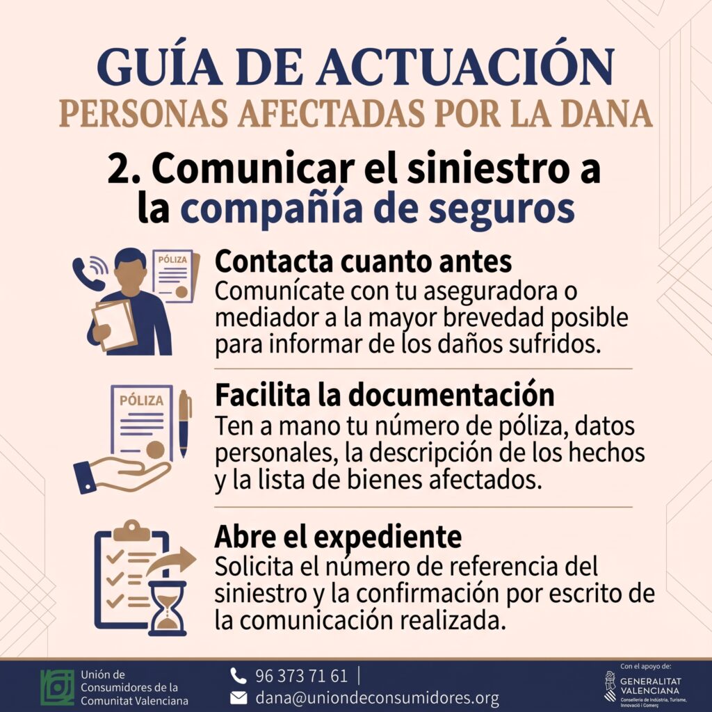 Guía de actuación para personas afectadas por la DANA, paso 2: Comunicar el siniestro a la compañía de seguros