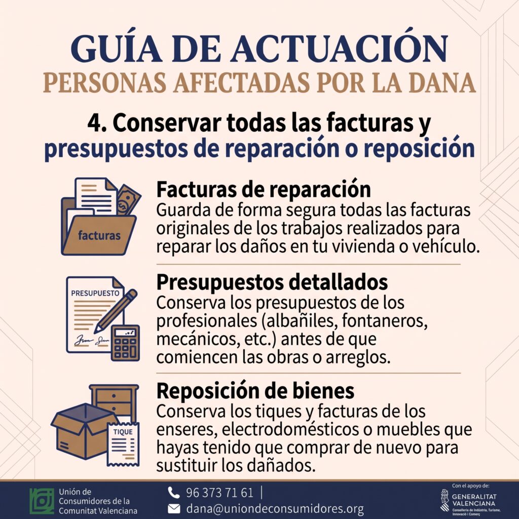 Guía de actuación para personas afectadas por la DANA, paso 4: Conservar todas las facturas y presupuestos de reparación o reposición