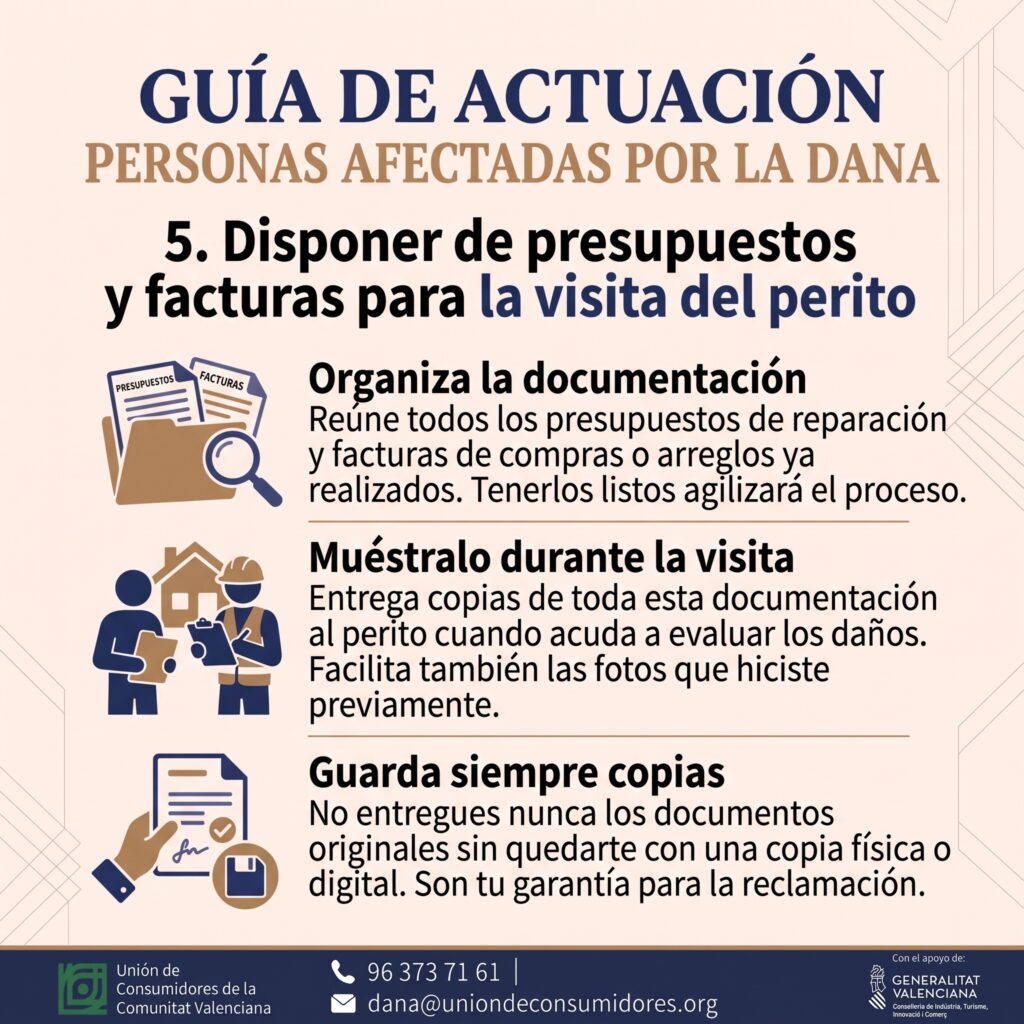 Guía de actuación para personas afectadas por la DANA, paso 5: Disponer de presupuestos y facturas para la visita del perito