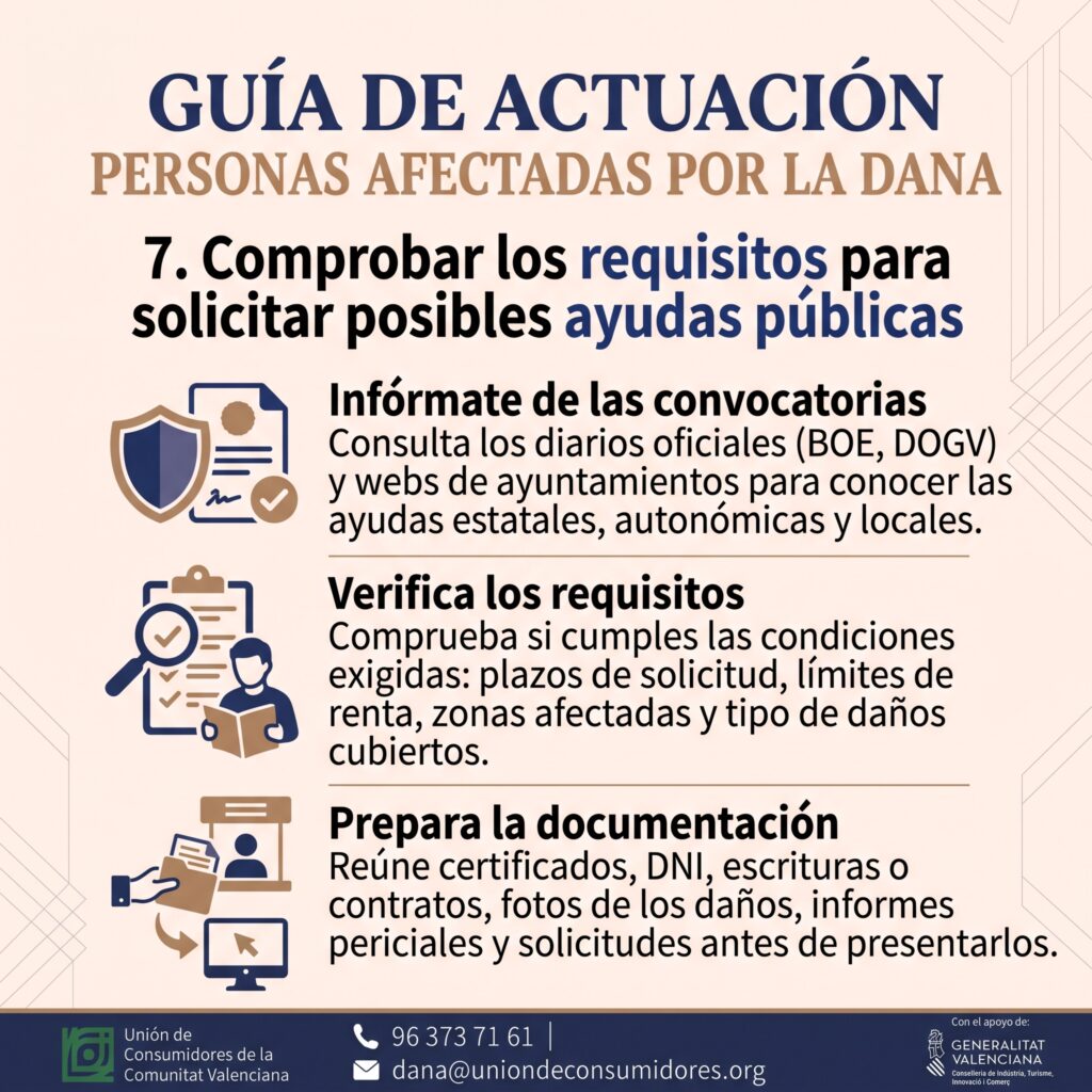 Guía de actuación para personas afectadas por la DANA, paso 7: Comprobar los requisitos para solicitar posibles ayudas públicas