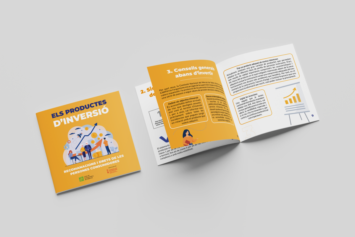 Portada y páginas interiores de la guía «Els productes d'inversió»