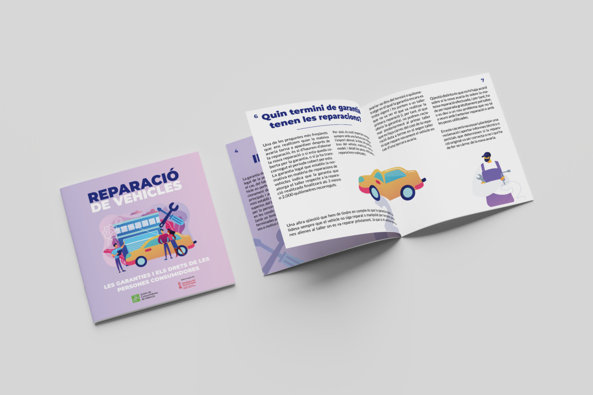 Portada y páginas interiores de la guía «Reparació de vehicles»
